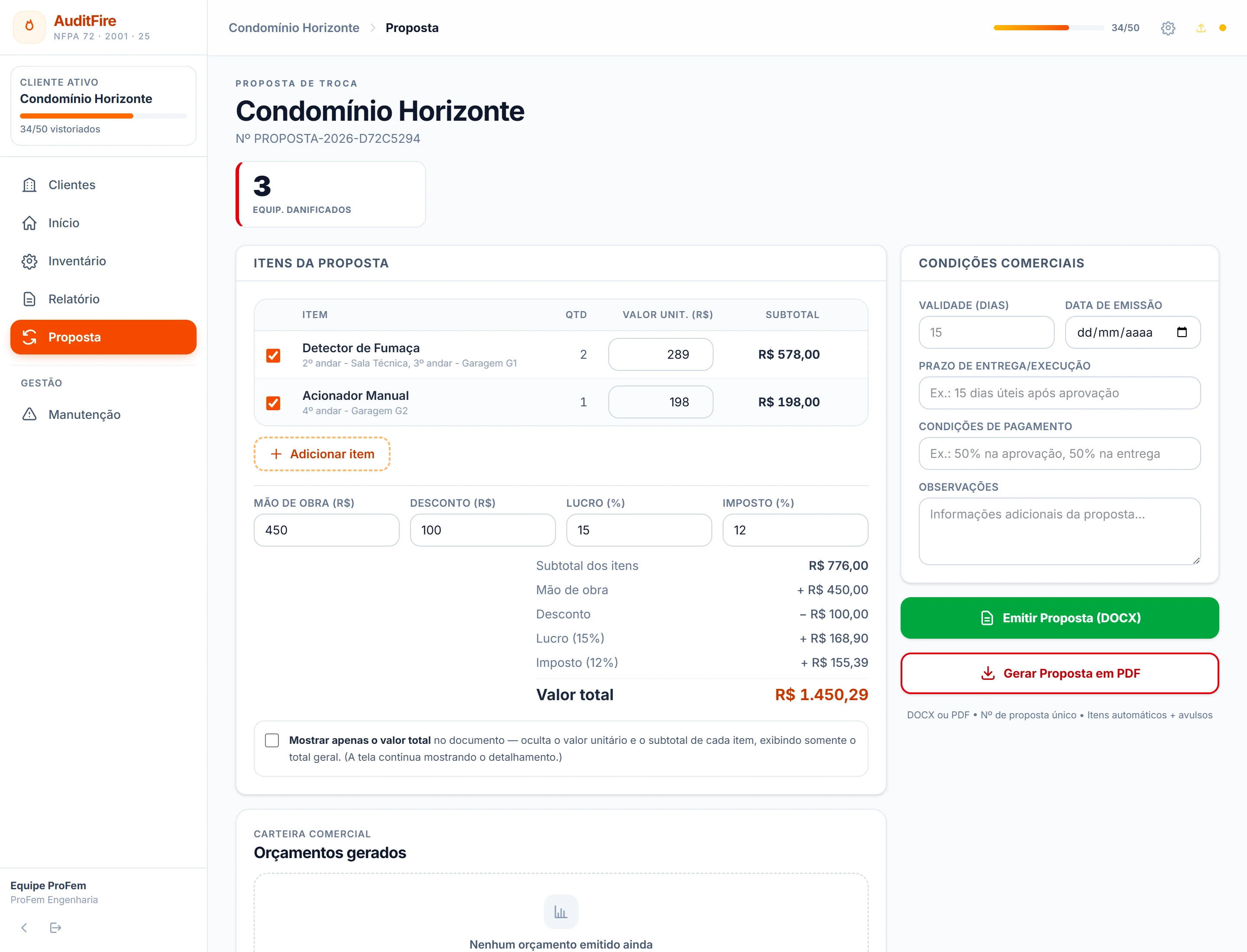 Gerador de propostas do AuditFire: 3 equipamentos danificados reunidos automaticamente, valores unitários informados pela empresa e total estimado de R$ 1.450,29.